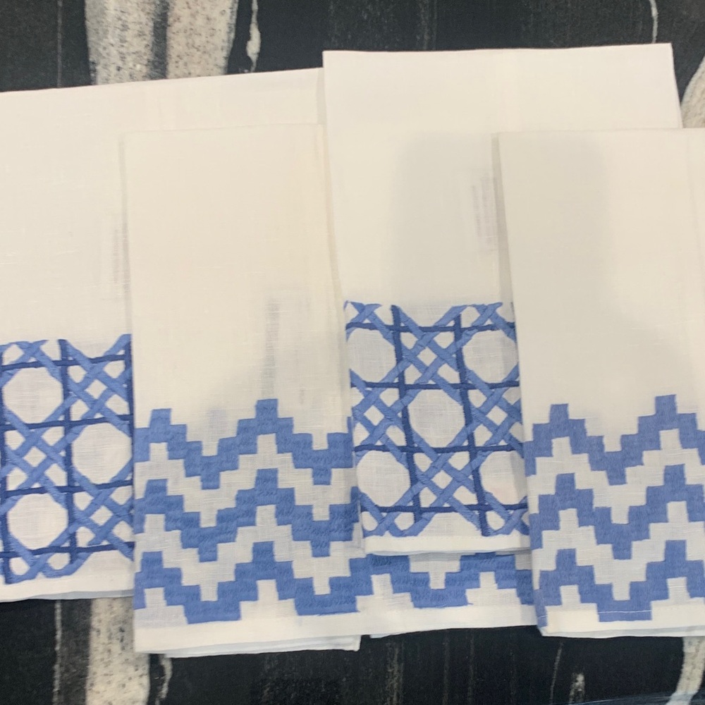 Calypso  NWT. White Cotton Napkins with Blue Geometric Embroidery - Set of 4